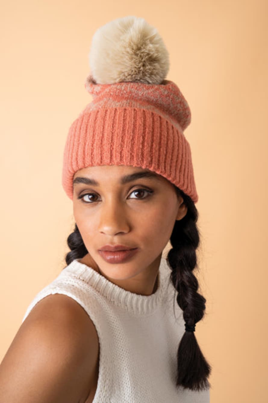 Powder Thora Bobble Hat In Coral And Taupe