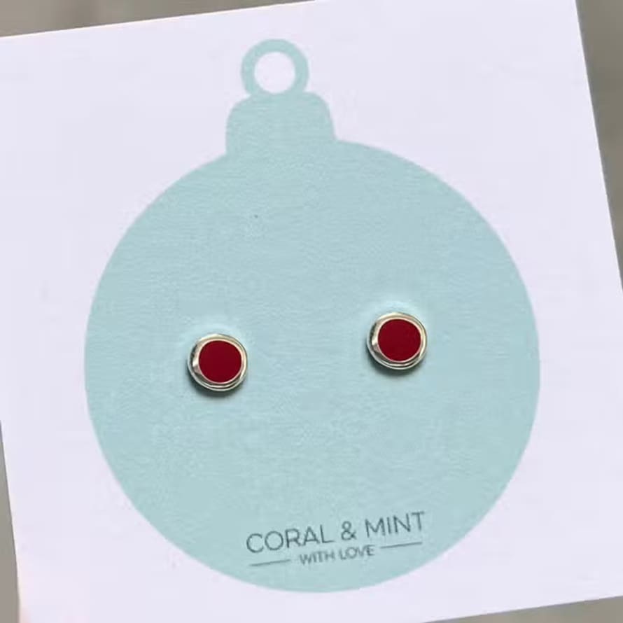 Coral & Mint Berry Red Enamel Stud Earrings