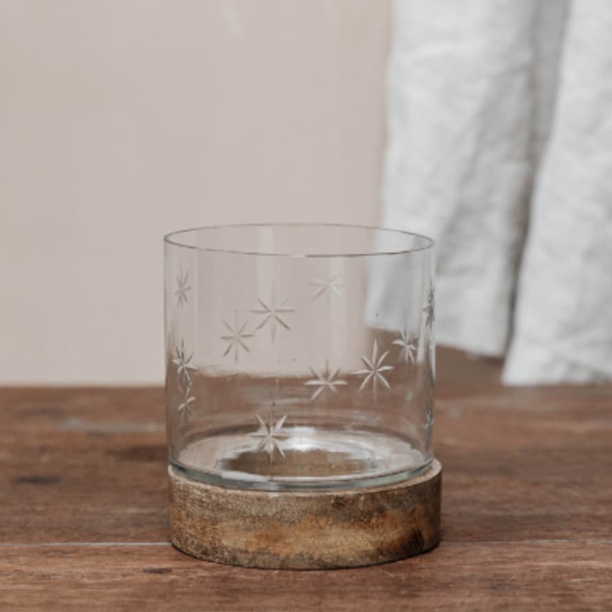 MW Home Glass Etched Hurricane Lamp Star Small