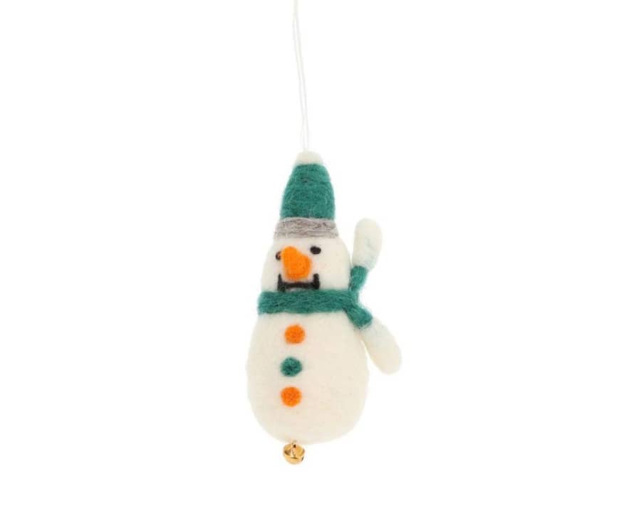 Monneka Green Wool Snowman Jingle Bell Christmas Ornament