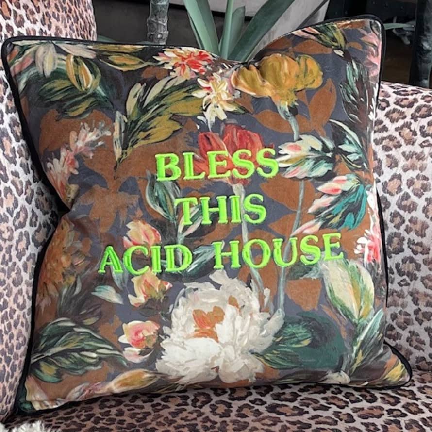 Bless This Acid House Embroidered Cushion Neon Green