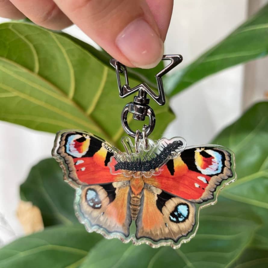 Ferne Creative Peacock Butterfly and Caterpillar Keyring 