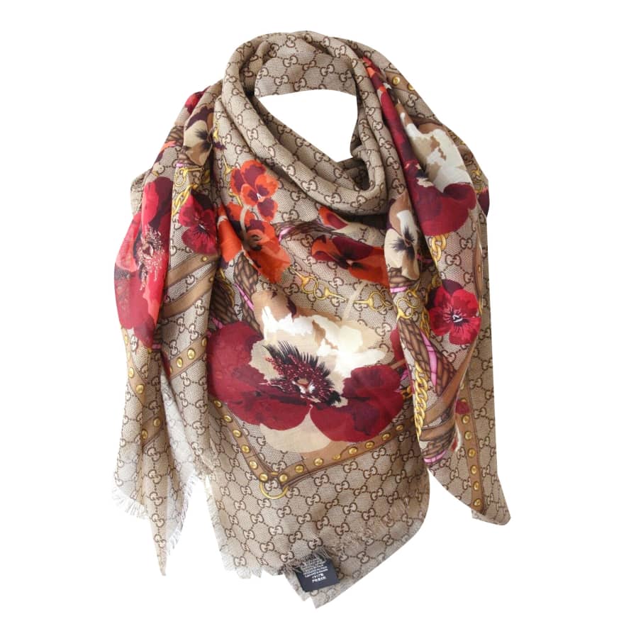 Gucci Guccissima Scarf Made of Soft Wool and Silk - Bordeaux Flowers Print