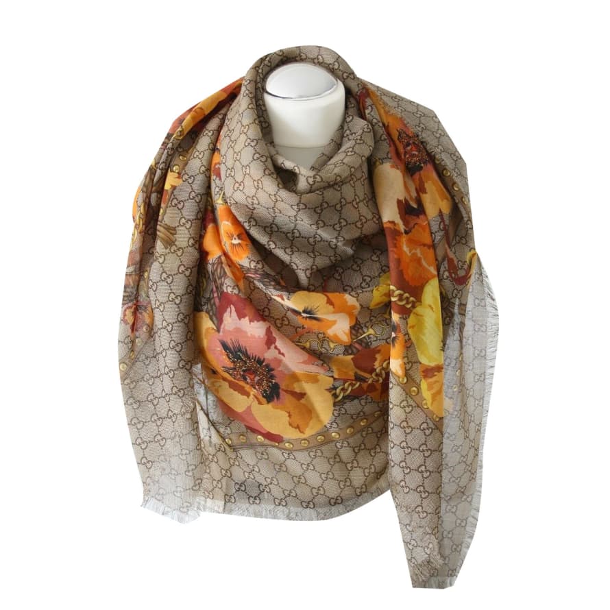 Gucci Guccissima Scarf Made of Soft Wool and Silk - Orange Flowers Print