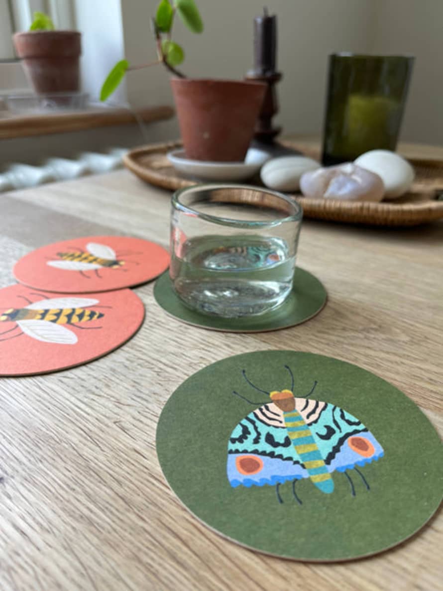 Brie Harrison  Drinks Coasters With Reversible Designs- Moth & Bee