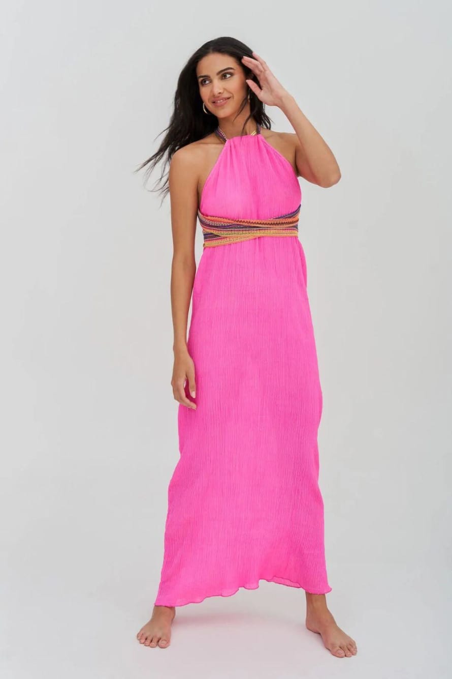 Pitusa Crinkle Halter Dress In Hot Pink
