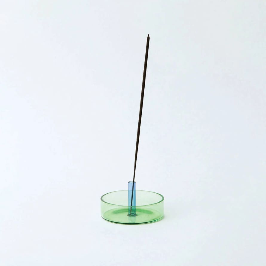 Block Design Green and Blue Duo Tone Glass Incense Holder