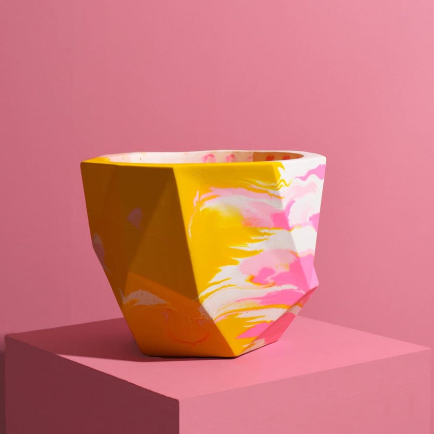 Misshandled Large Mustard and Pink Geometrical Plant Pot