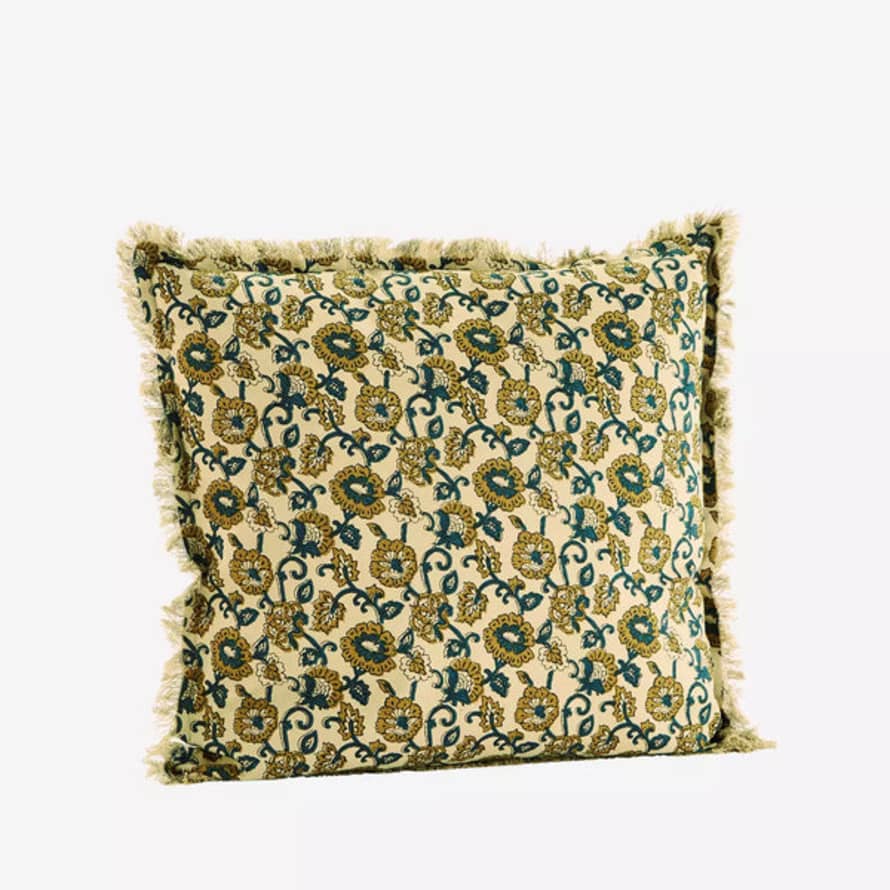 Madam Stoltz Printed Cushion Cover with Fringes - Sand, Mustard & Teal