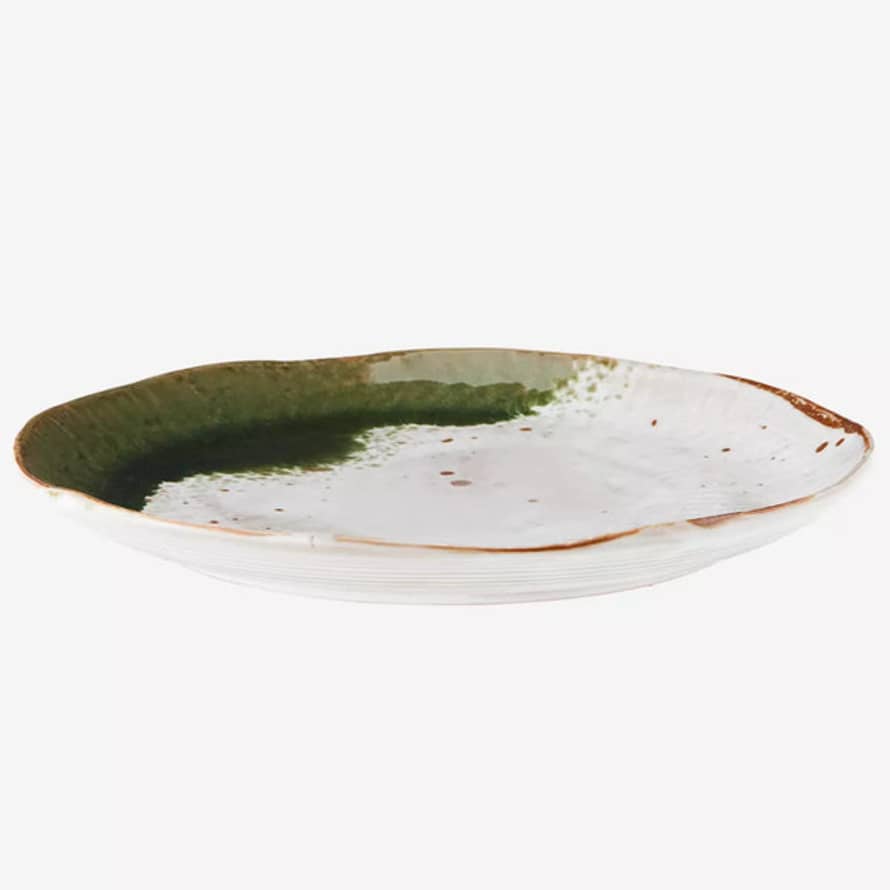 Madam Stoltz Stoneware Dinner Plate - White, Green & Natural