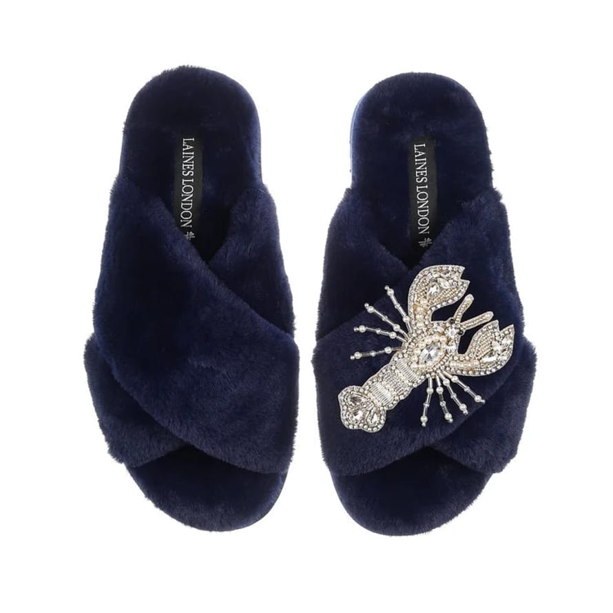 Laines London Navy Slippers With Silver Lobster