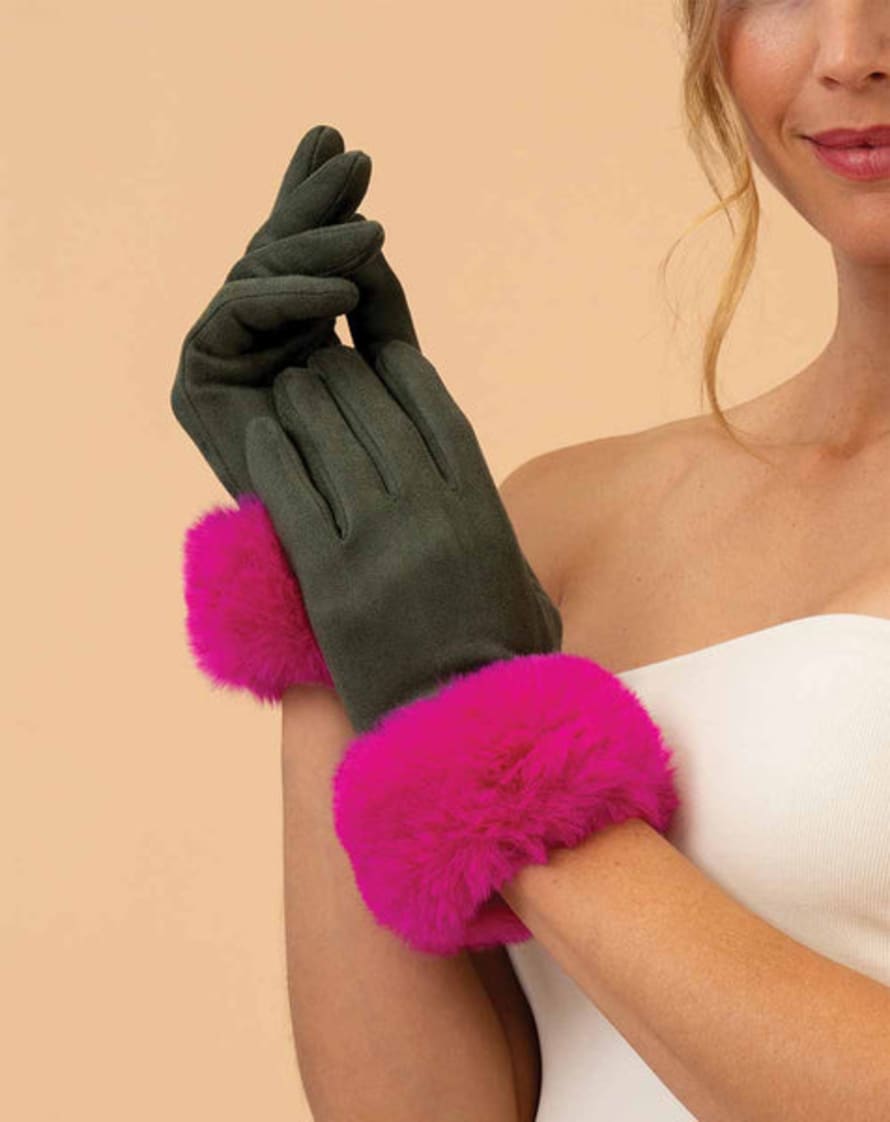 Powder Bettina Faux Suede/Faux Fur Gloves - Olive/Magenta