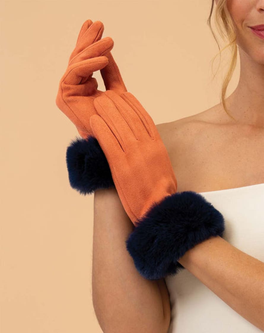 Powder Bettina Faux Suede/Faux Fur Gloves - Tangerine/Navy