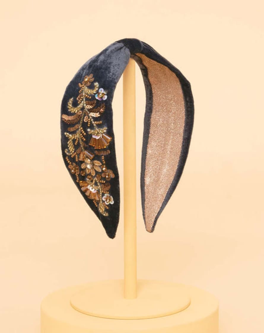 Powder Embellished Velvet Headband - Golden Wildflowers - Slate