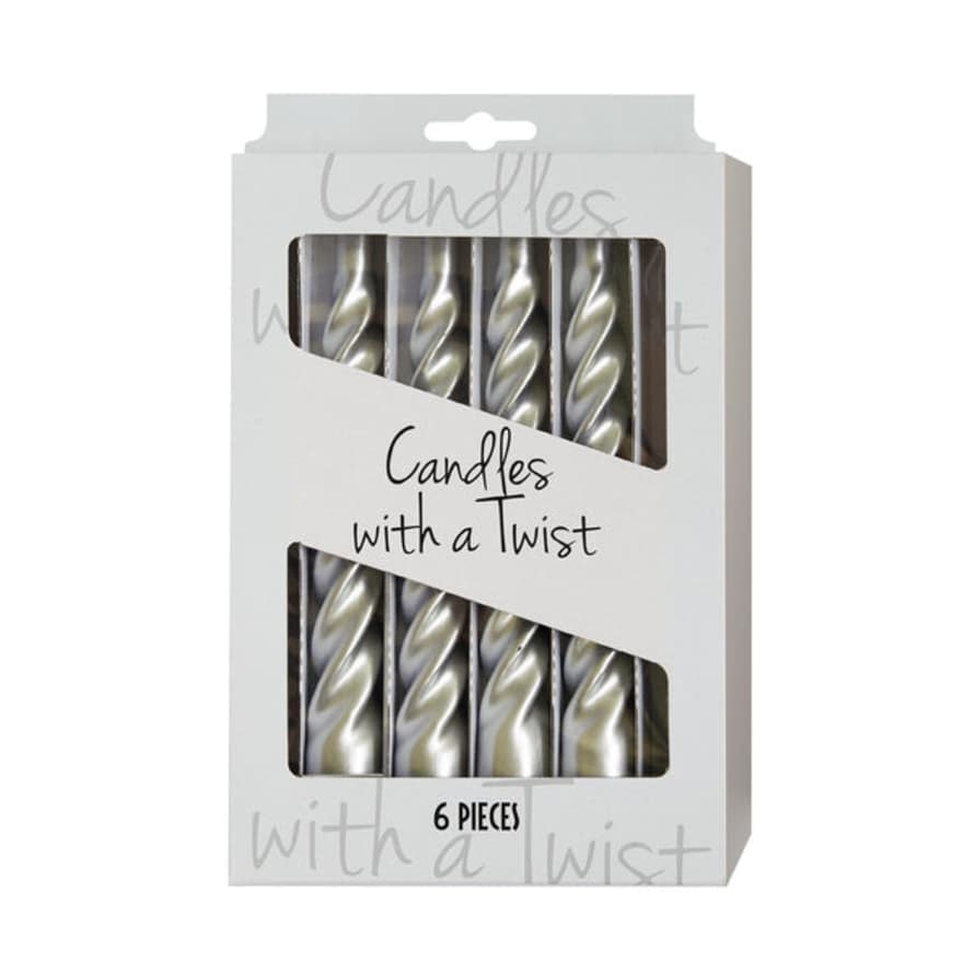 Kunstindustrien Box Of 6 Silver Glossy Twisted Candles
