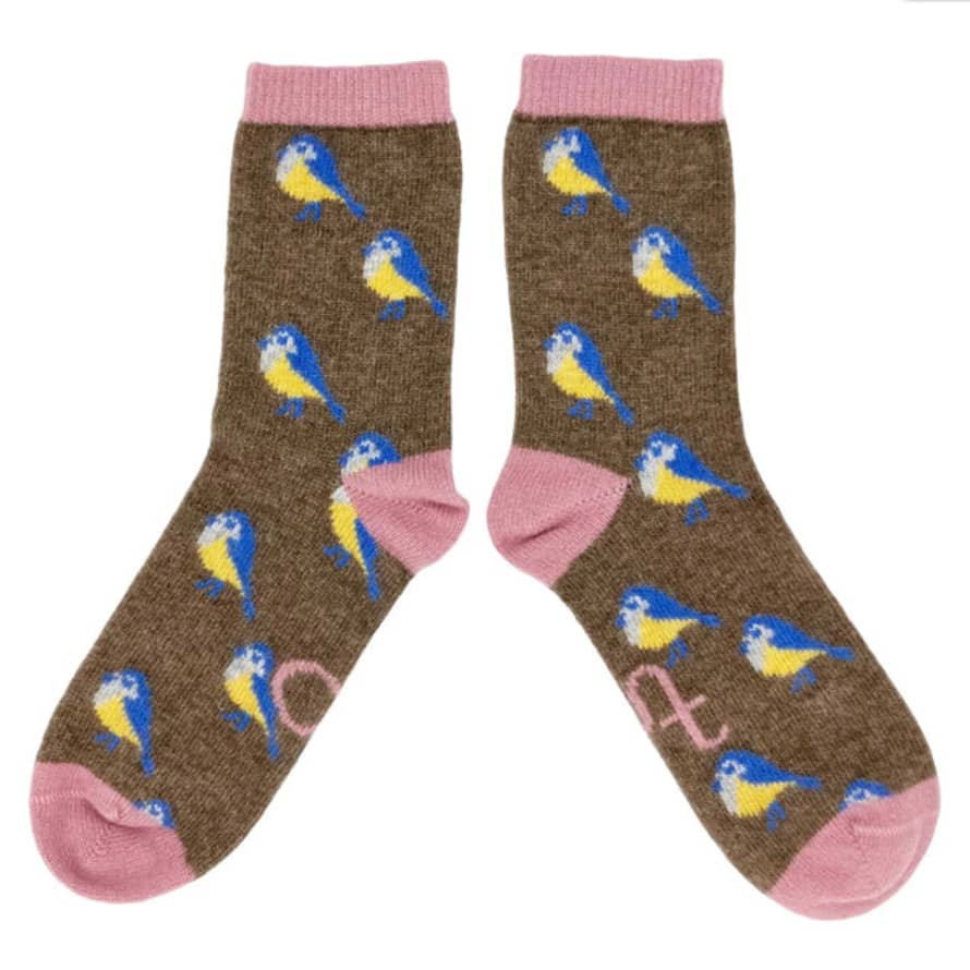Catherine Tough Women's Lambswool Ankle Socks - Blue Tit & Mushroom