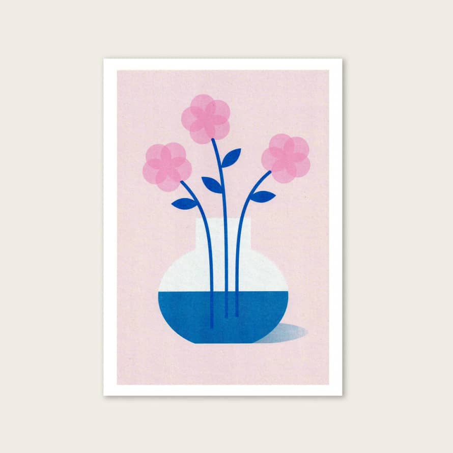Green End Designs Pink Flowers A4 Framed Riso Print