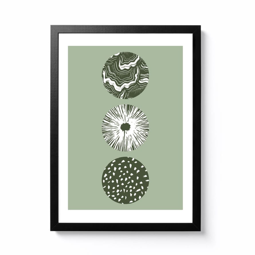 Lauren Riley A4 Fungi Trio Lichen Green Framed Print