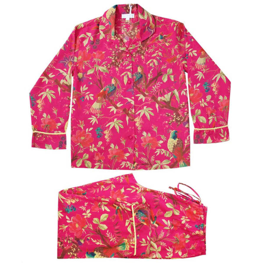 Powell Craft Hot Pink Bird Printed Ladies Pyjamas with Yellow Pom Pom Trims