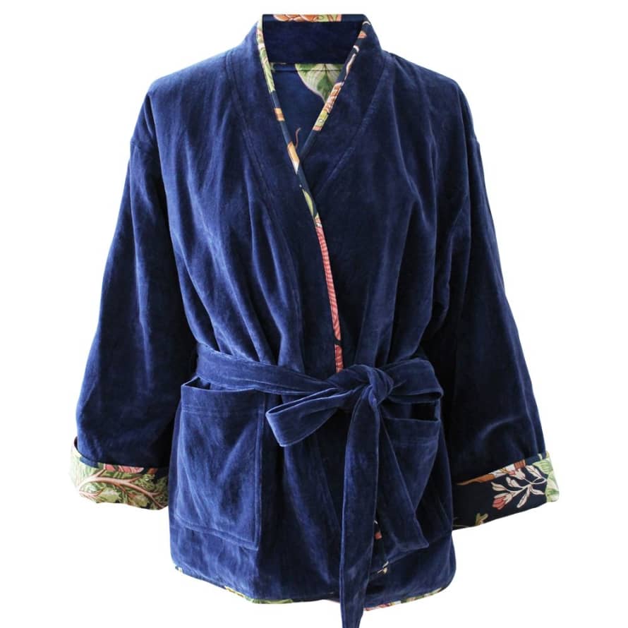 Powell Craft Dark Blue Velvet/Carnation Cotton Print Reversible Jacket