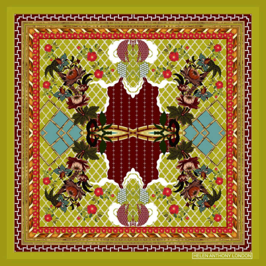 Helen Anthony | Large Silk Foulard Scarf | Pea Green & Red