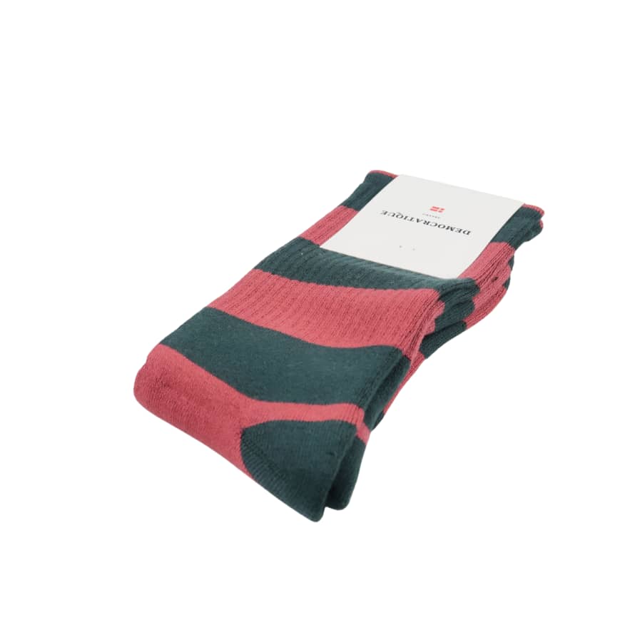 Democratique Socks Men's Socks - Rugby Stripes - Forest Green/Light Rosso