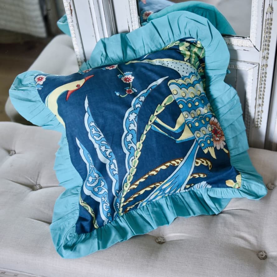 Powell Craft Blue Floral Exotic Bird Indian Cushion