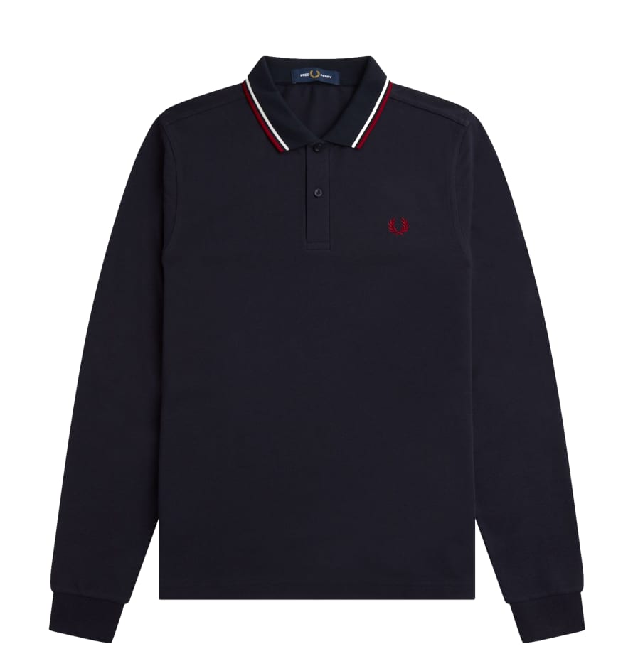 Fred Perry Authentic Long Sleeved Twin Tipped Polo Navy, Snow White & Burnt Red