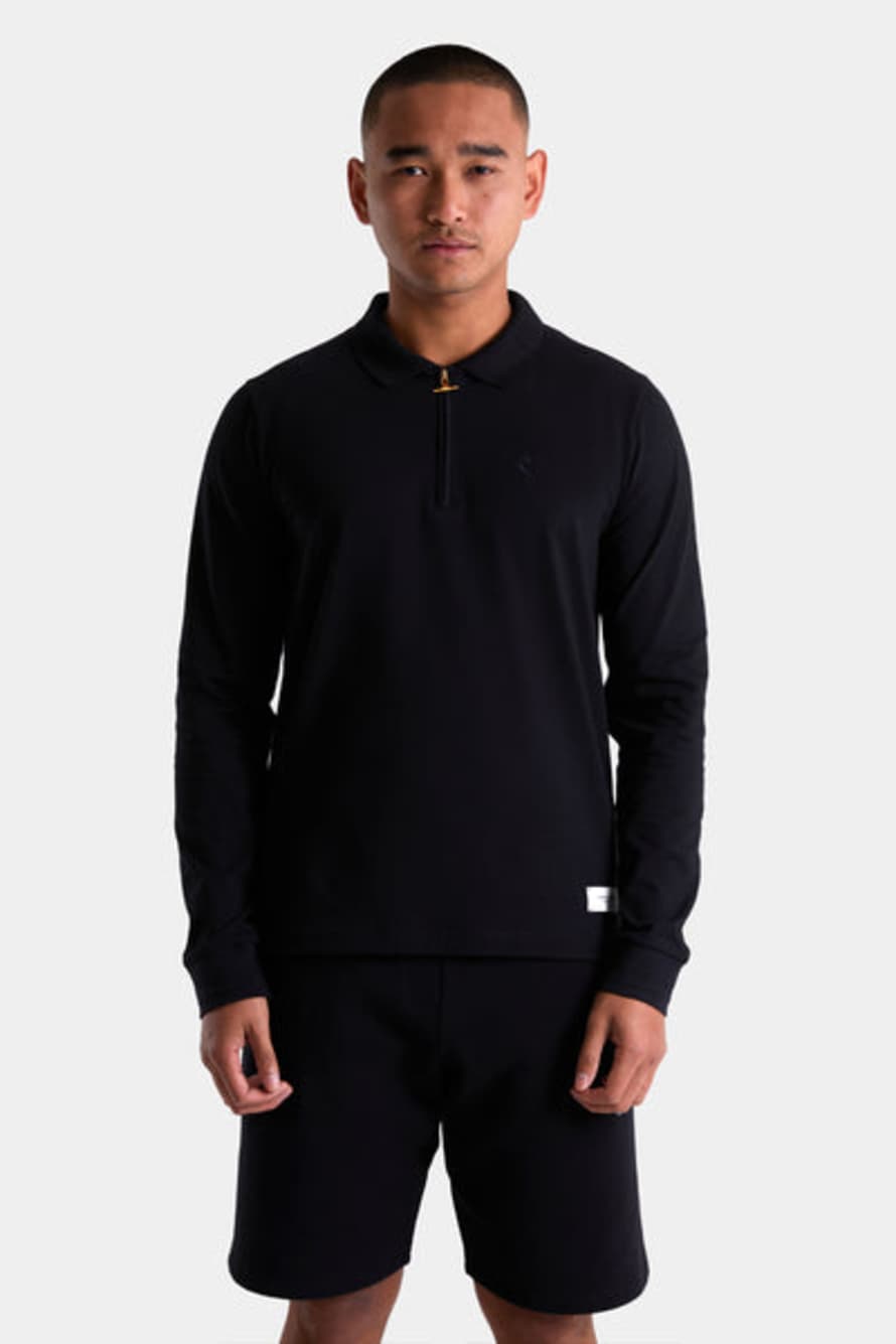 ANDROID HOMME Embroidered Long Sleeve Zip Polo Black
