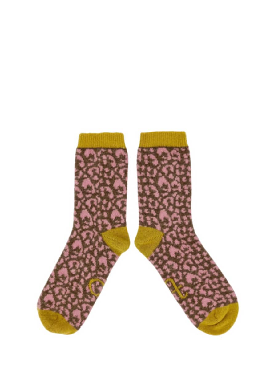 Catherine Tough Lambwool Ankle Socks In Pink/Soft Brown Leopard