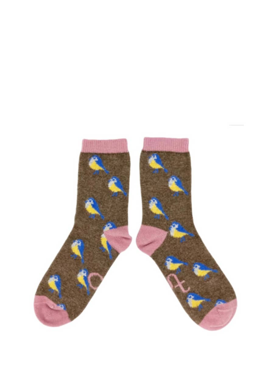 Catherine Tough Lambwool Ankle Socks In Soft Brown Blue Tit