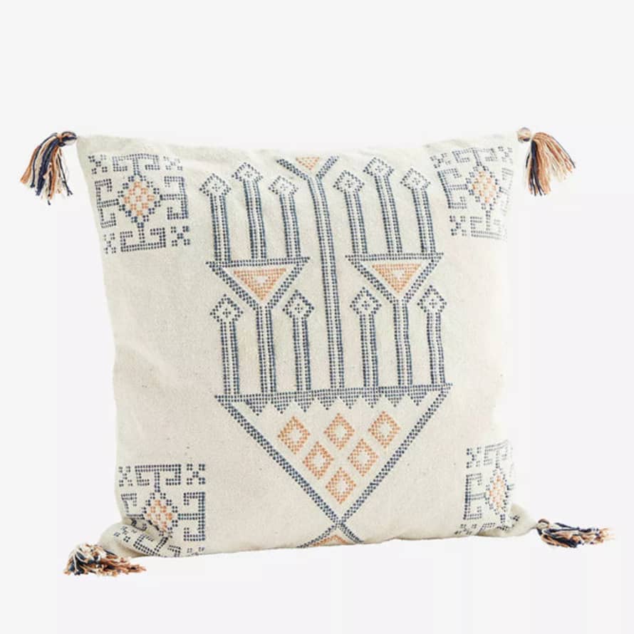 Madam Stoltz Handwoven Cushion Cover Off White, Blue, Camel