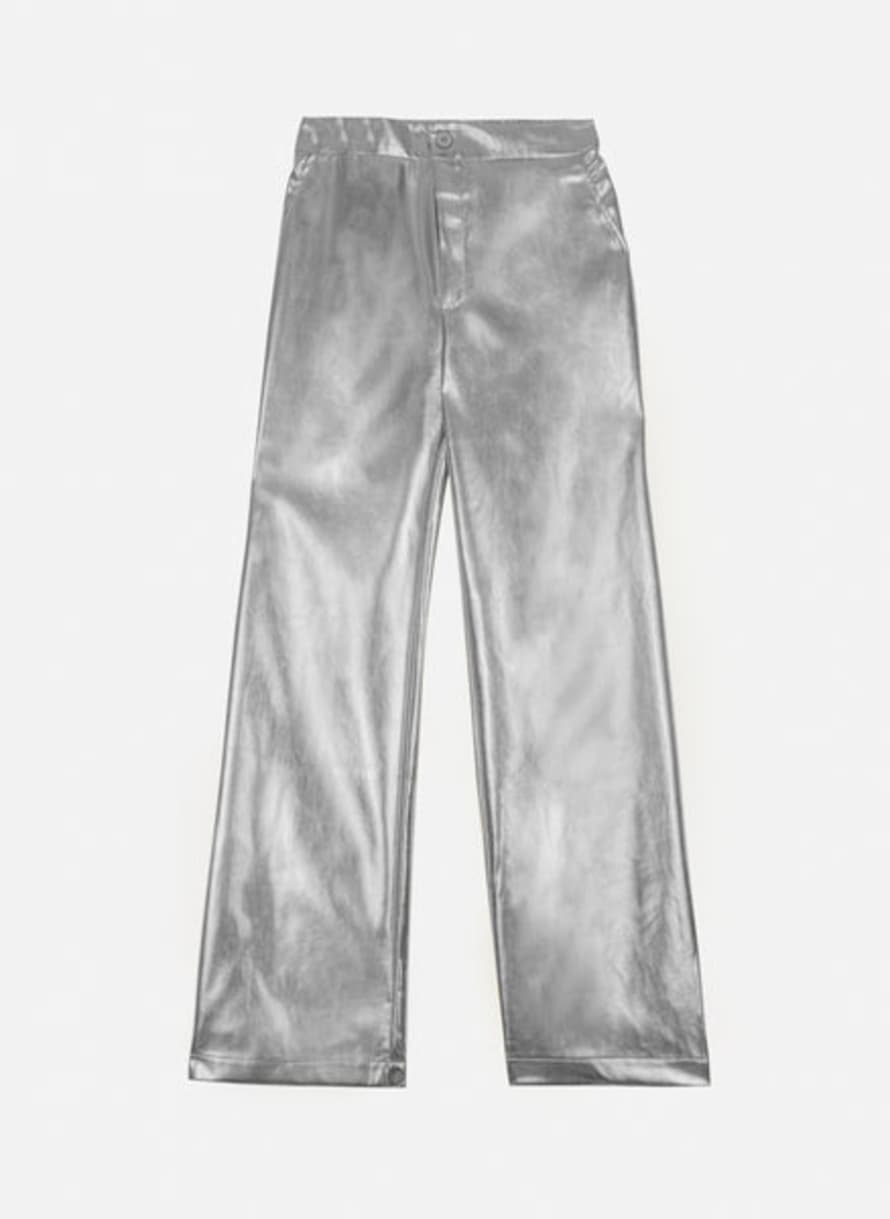 ange  Pitty Silver Straight-leg Trousers In Imitation Leather