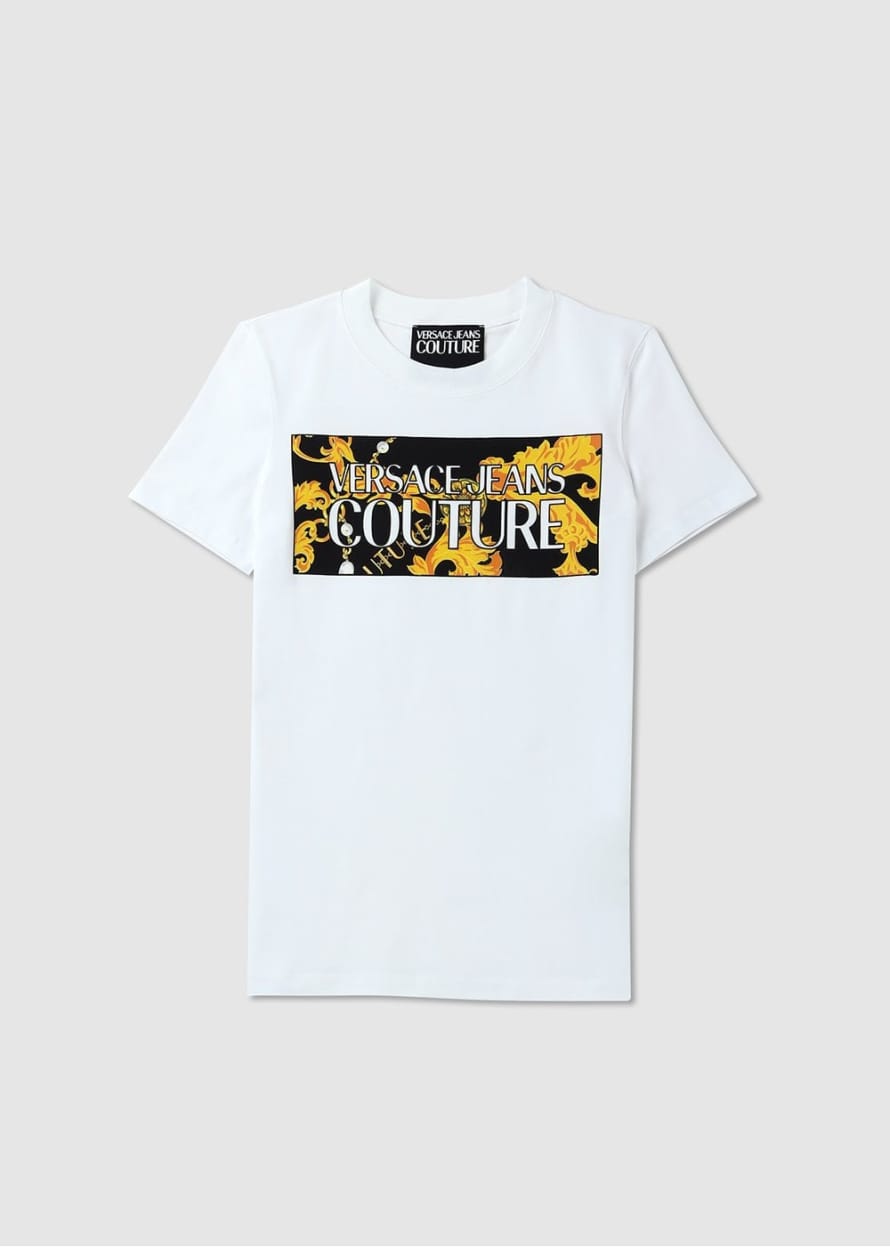 Versace Jeans Couture Womens Pearl Logo T Shirt In White/gold