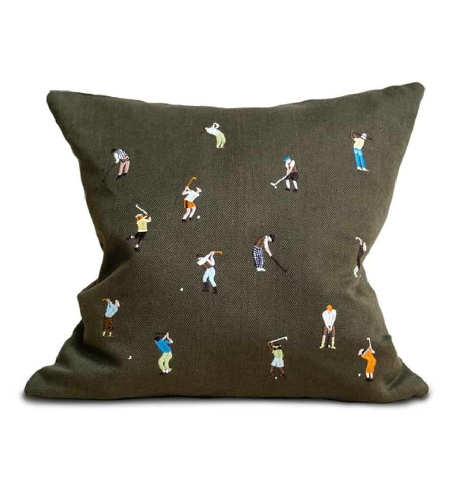 Fine Little Day Embroidered Linen Cushion, Green Golfers