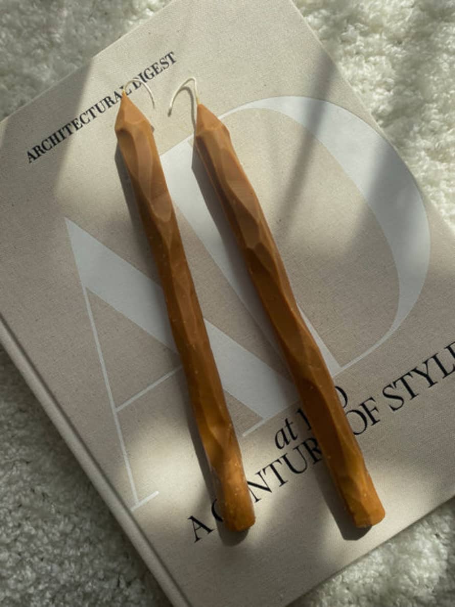 Soie Hand Carved Toffee Tapered Candle Sticks. Vegan, Soy Wax