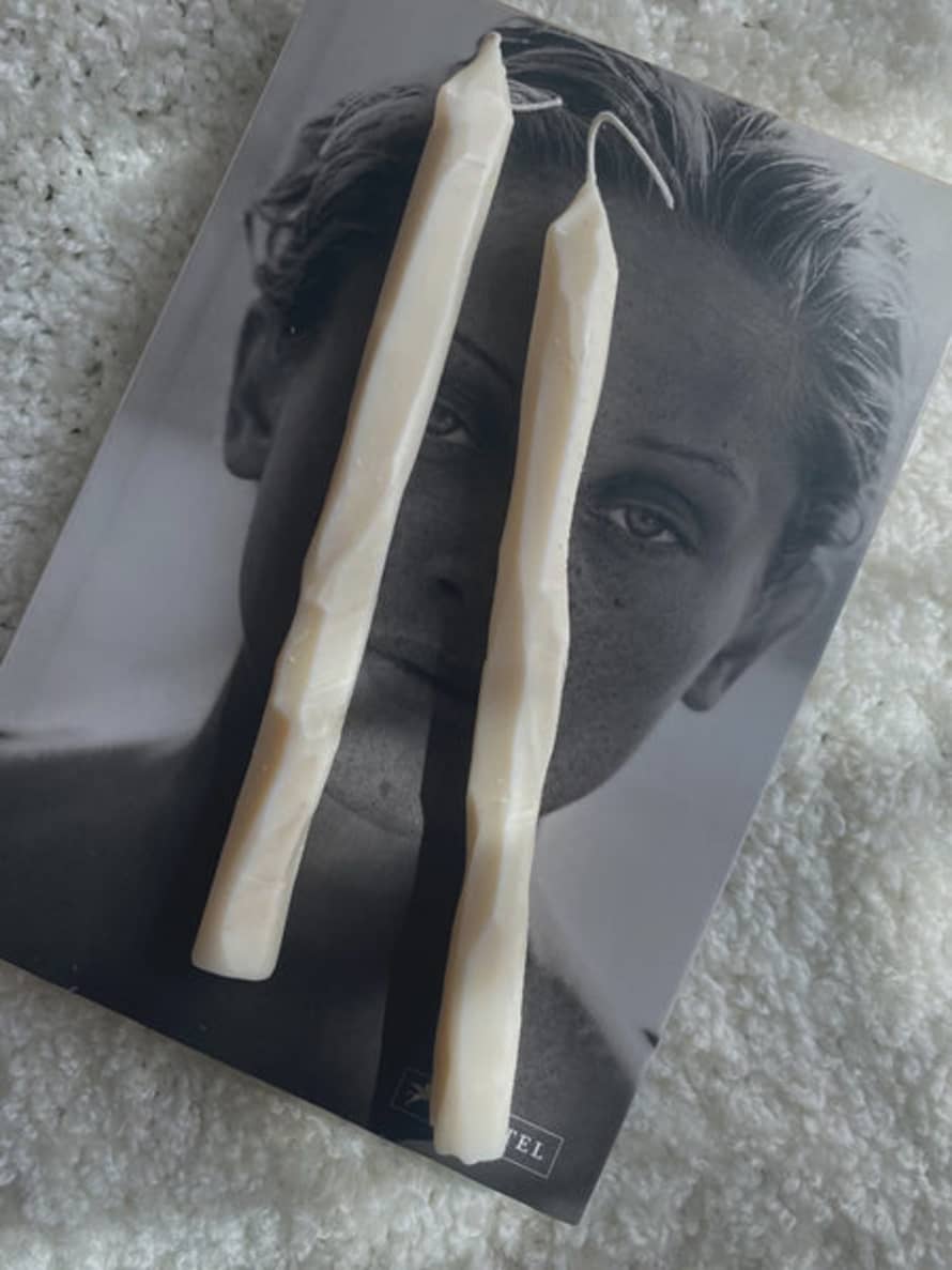 Soie Hand Carved White Tapered Candle Sticks. Vegan, Soy