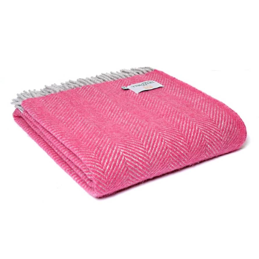 Tweedmill Textiles Pink & Silver Grey Pure New Wool Herringbone Throw | 150cm x 183cm