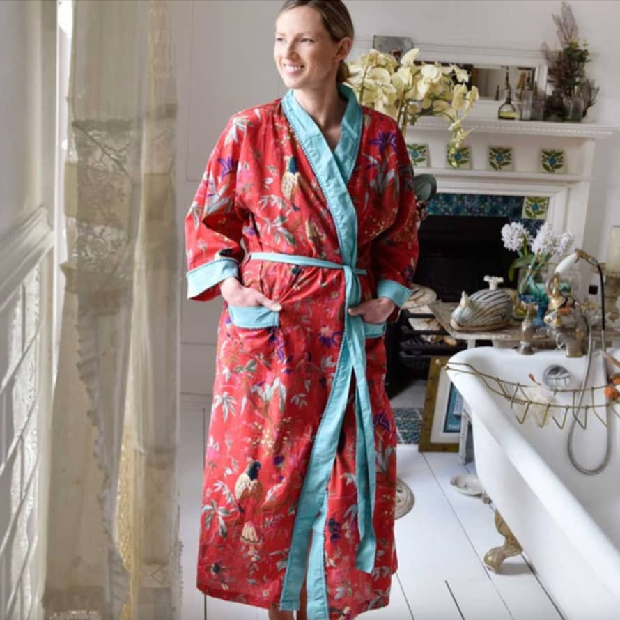 livs Dressing Gown - Red & Exotic Birds