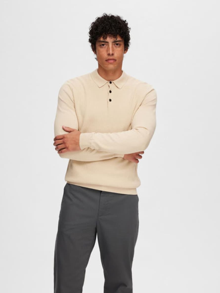 Selected Homme R Corner Ls Knit Polo In Oatmeal