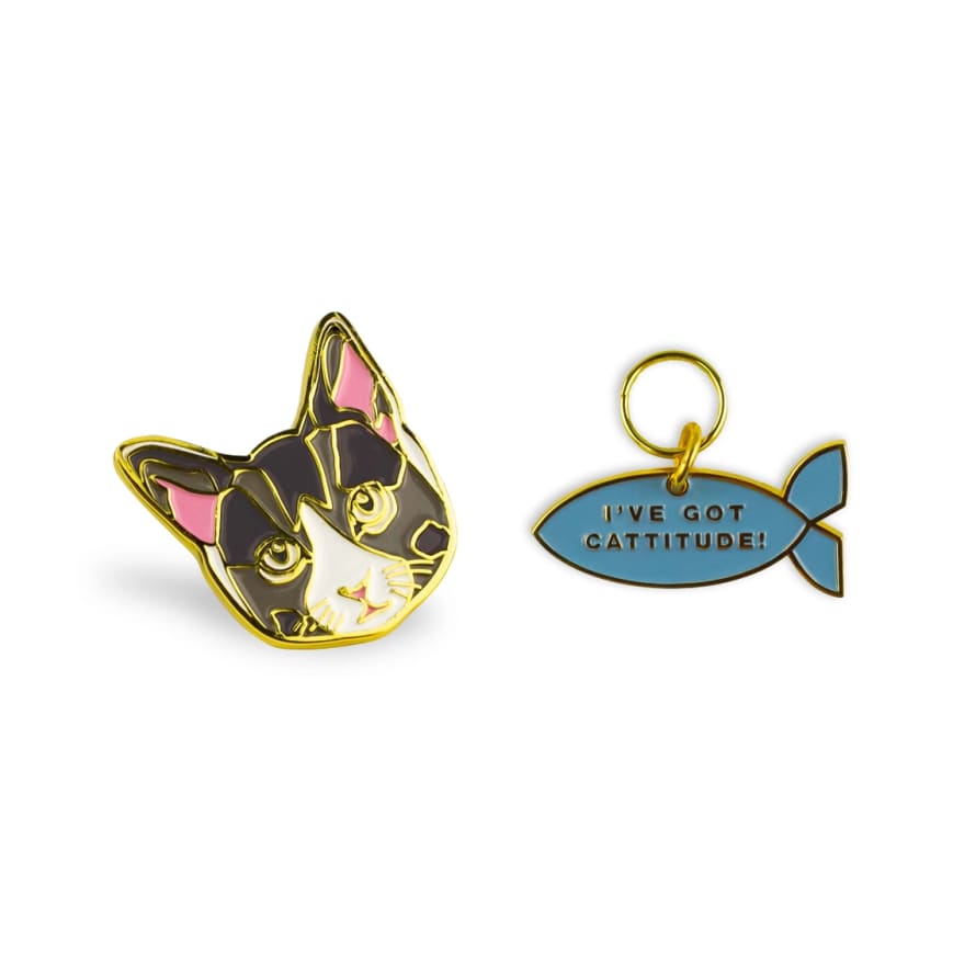 Portico Designs Emily Brooks Cat Enamel Pin Badge and Tag Set