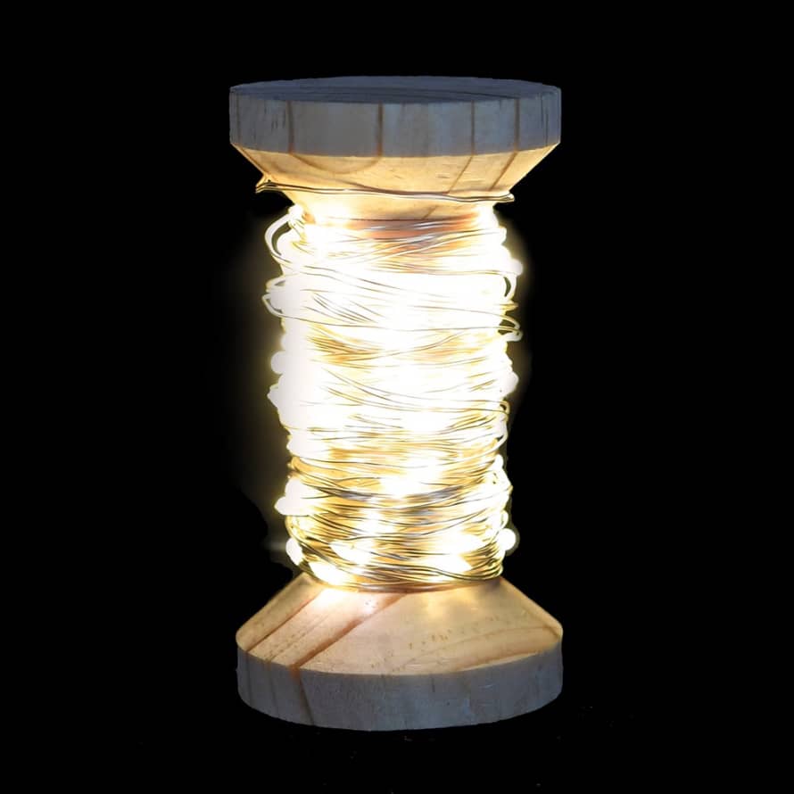Silver wire lights on wooden spool