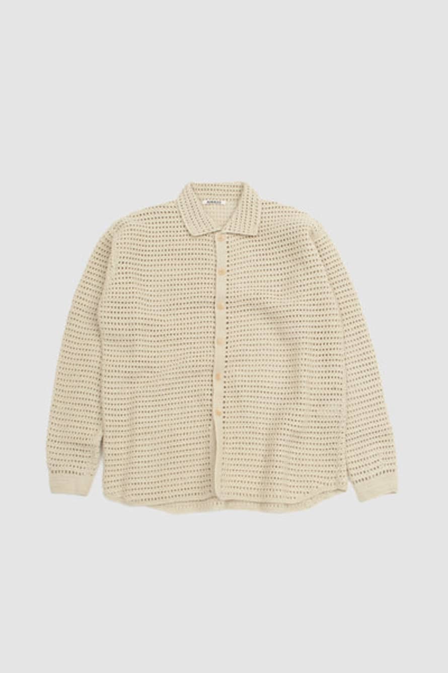 Auralee Hand Crochet Wool Knit Shirt Light Khaki