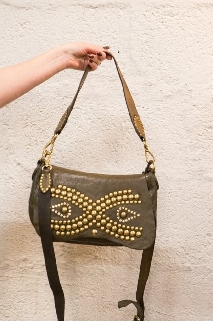 Campomaggi Leather Shoulder Bag with Studded Front In Military