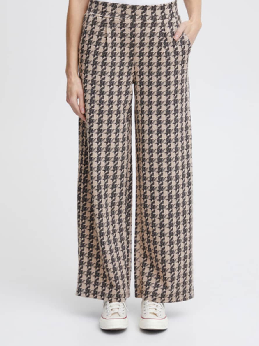 ICHI Kate Houndstooth Wide Trousers - Doeskin