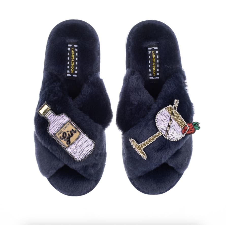 Laines London Classic Slipper With Premium Deluxe Gin Brooches - Navy