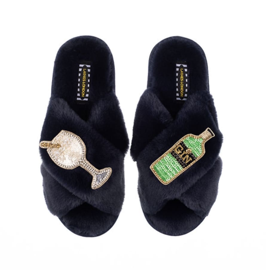 Laines London Classic Slipper With Gin Brooches - Navy