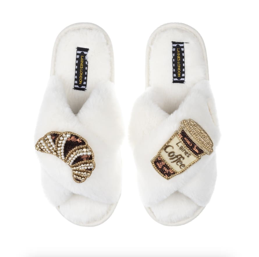 Laines London Classic Slipper With Coffee & Croissant Brooches - White