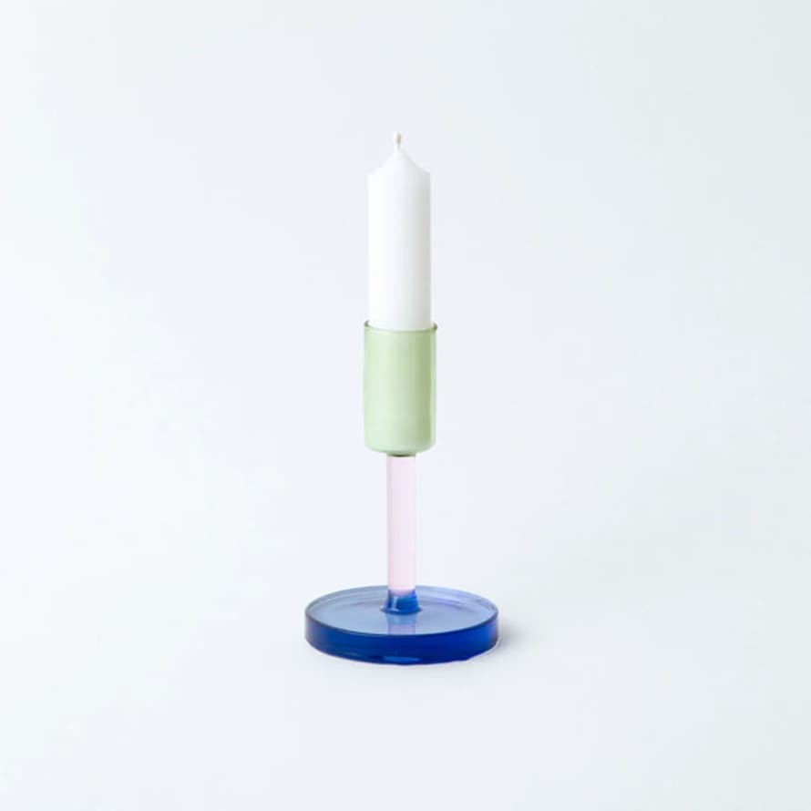Block Design Green & Pink Glass Candlestick | Medium