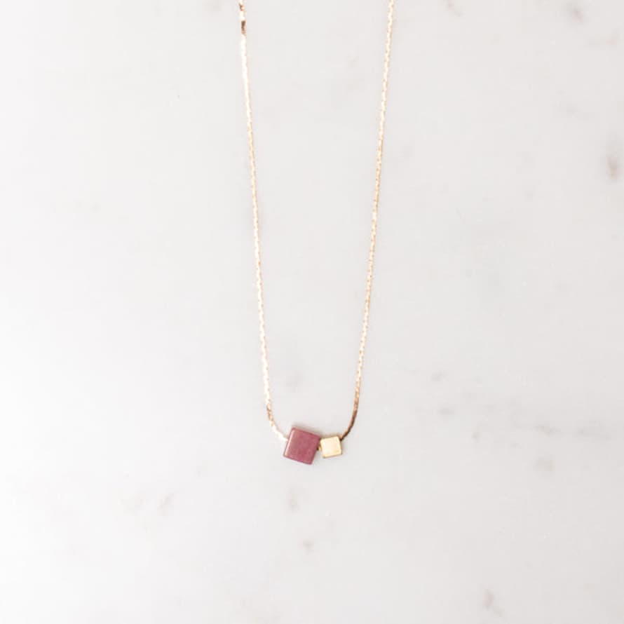 State Of A Rose Long Gem And Brass Cube Necklace